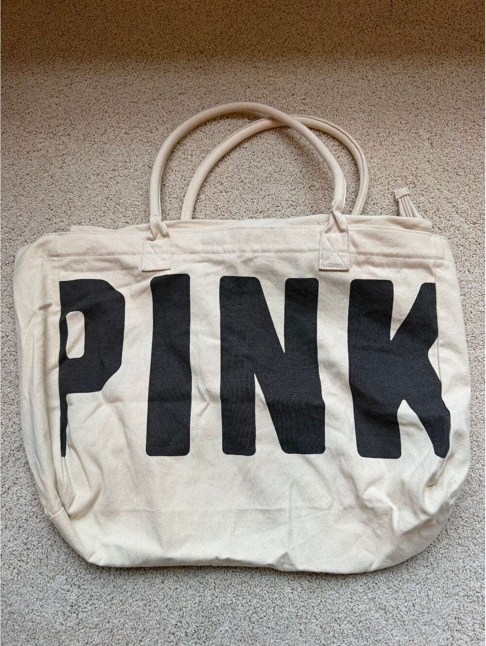 PINK Victoria's Secret Canvas Weekender Tote Bag Large Cream Black Travel Duffle